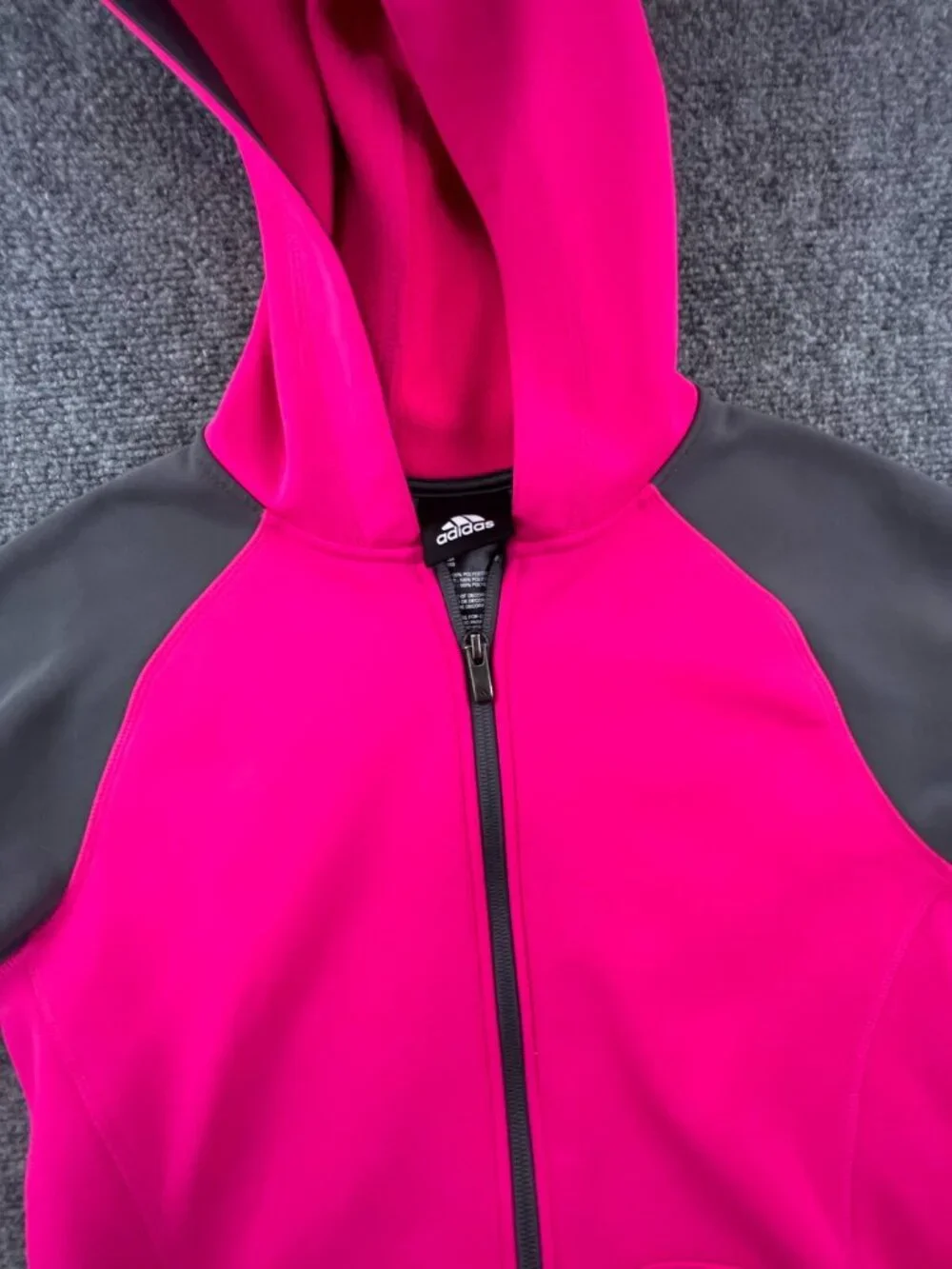 Adidas Girls Jacket 14 Large Gray Pink Hoodie Full Zip w Logo Fleece Inside